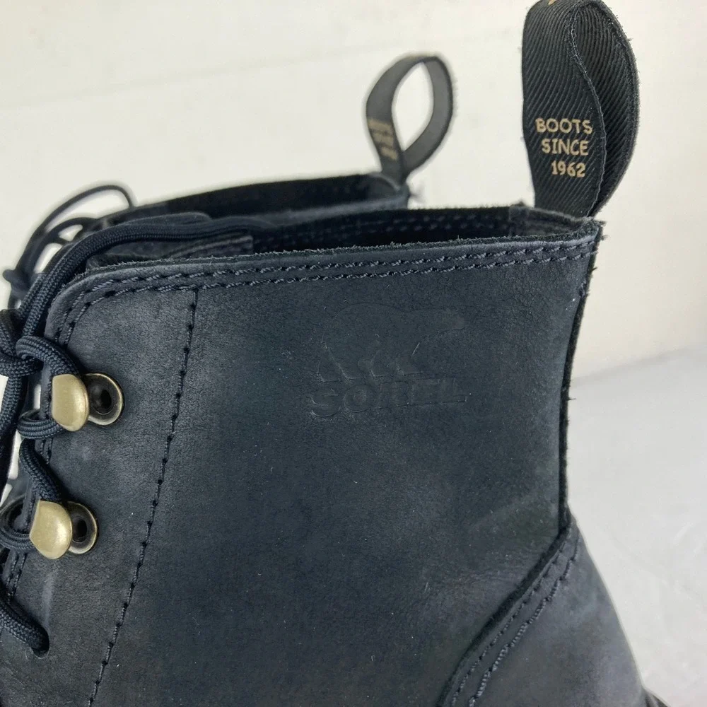 Sorel Hi-Line Heel Lace Boots Women Sz 8 Black Leather Ankle Block Heel - Picture 3 of 9